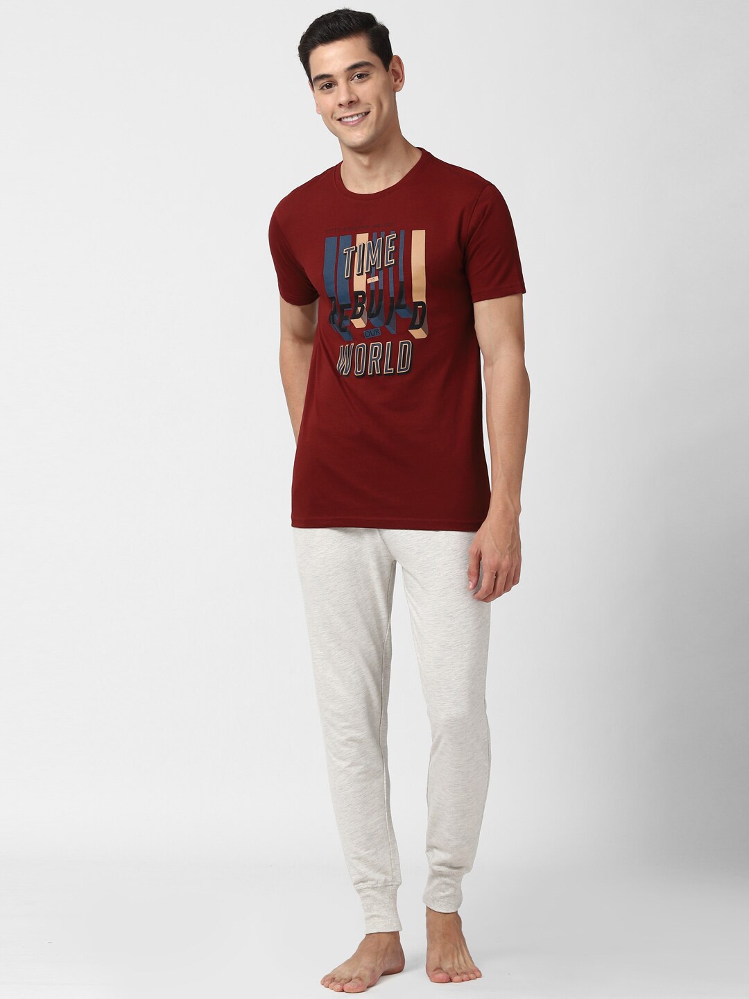 

Peter England Printed Pure Cotton T-shirt With Joggers, Maroon