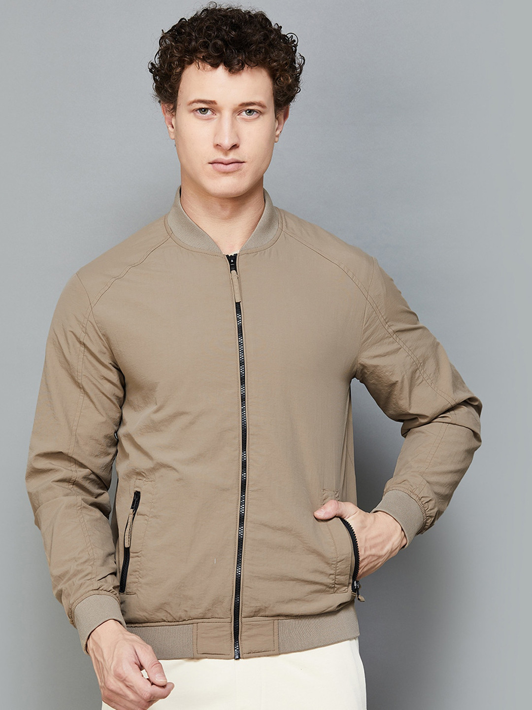 

Fame Forever by Lifestyle Stand Collar Bomber Jacket, Beige