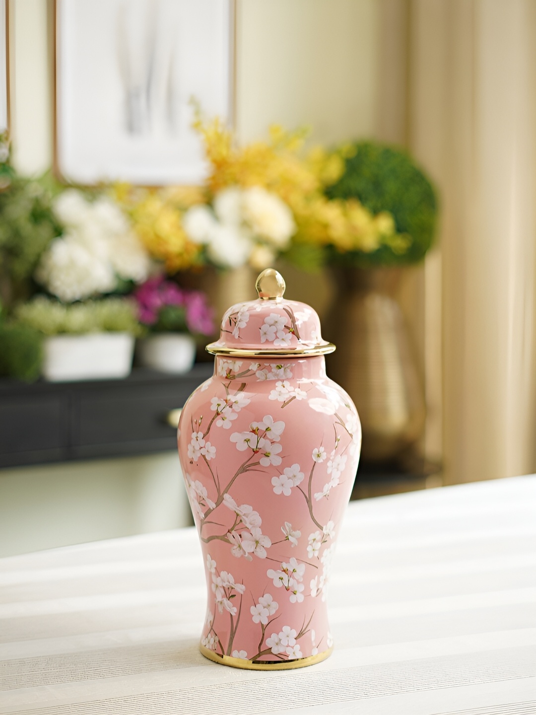 

Pure Home and Living Pink & White Floral Print Ceramic Urn with Lid - Small