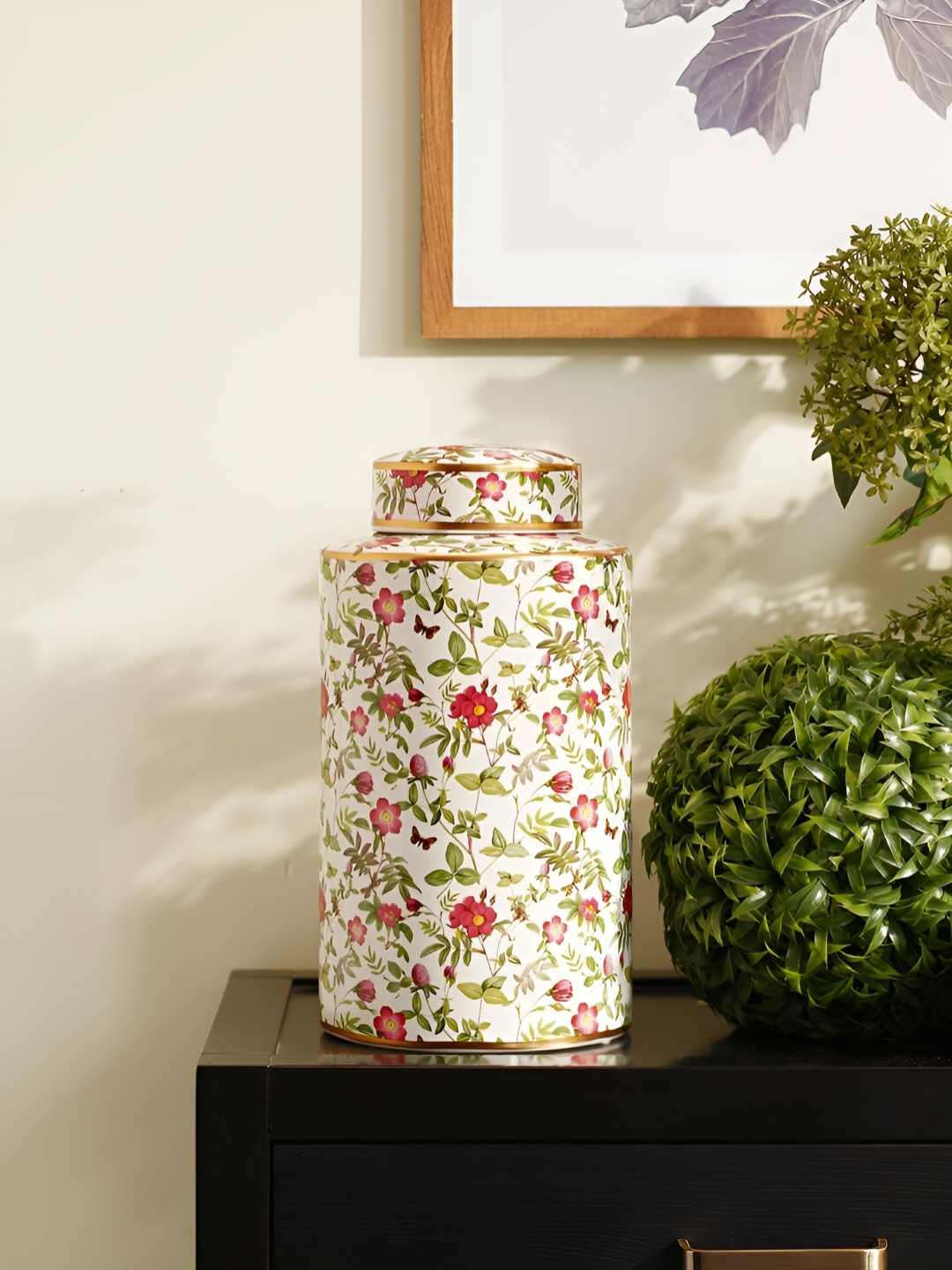 

Pure Home and Living White & Red Floral Printed Ceramic Canister