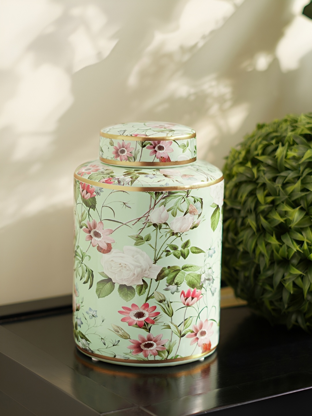 

Pure Home and Living Green & Red Floral Printed Ceramic Canister