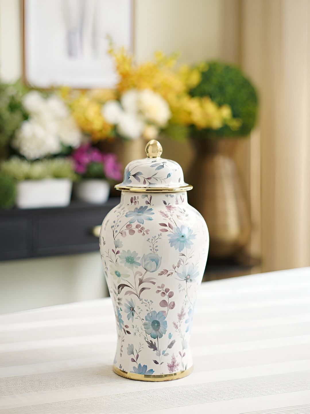 

Pure Home and Living White & Blue Floral Print Ceramic Urn with Lid - Small