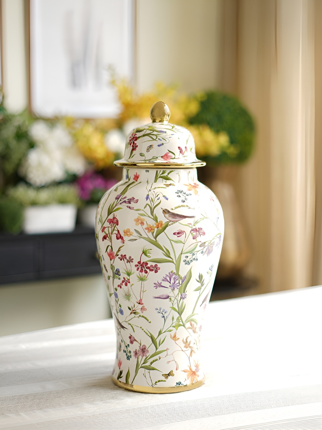 

Pure Home and Living White & Red Floral Printed Ceramic Urn with Lid