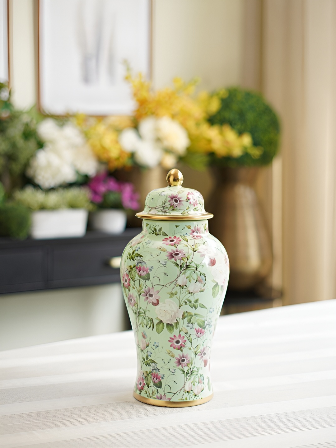 

Pure Home and Living Green Floral Print Ceramic Urn with Lid - Small, White