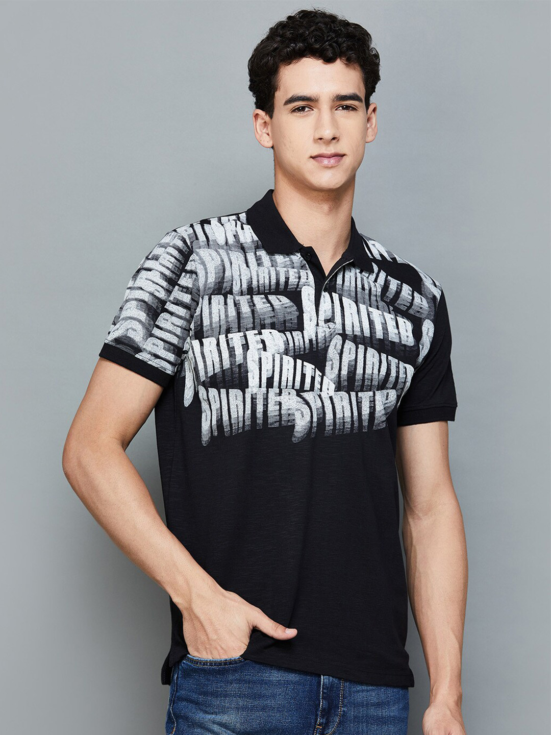 

Forca by Lifestyle Men Typography Printed Polo Collar Slim Fit Cotton T-shirt, Black