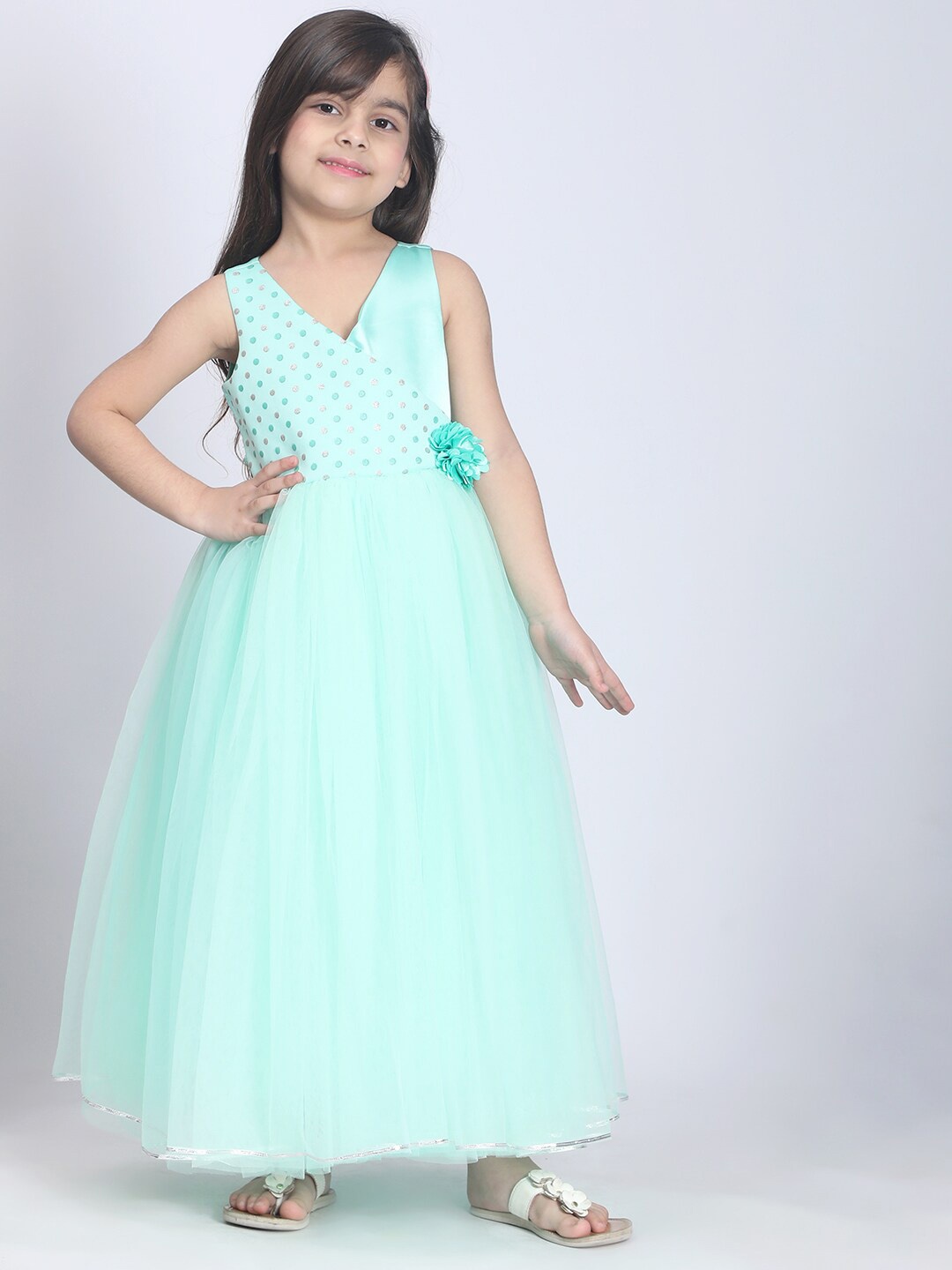 

Toy Balloon kids Girls Polka Dots Printed V-Neck Applique Net Tulle Gown, Sea green