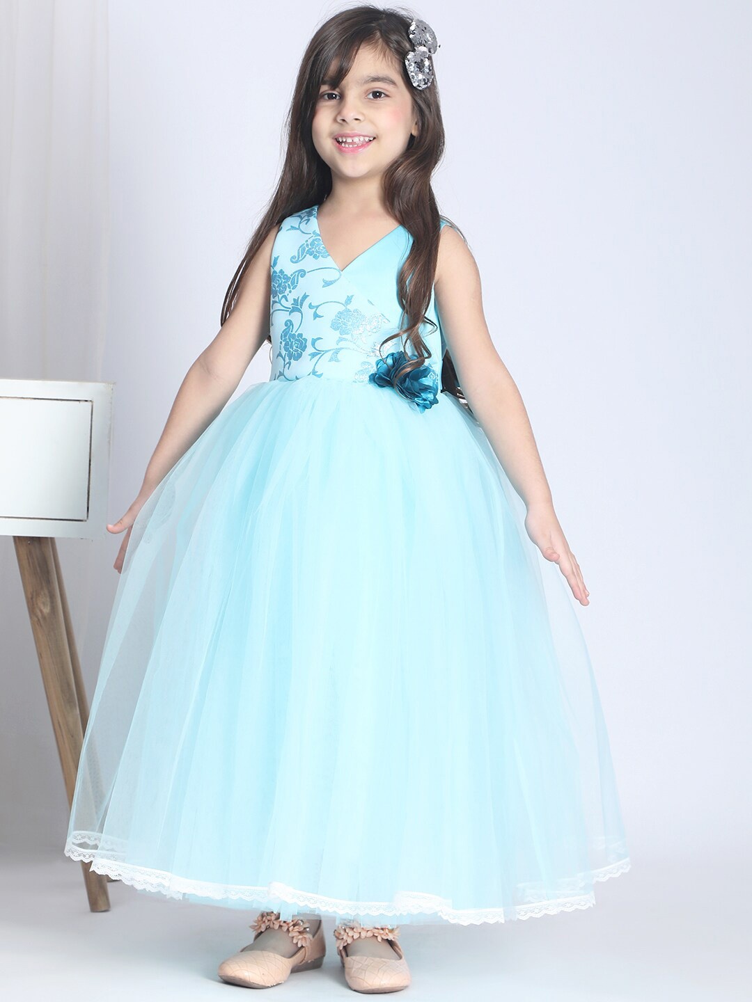 

Toy Balloon kids Girls Self Design V-Neck Applique Net Tulle Gown, Blue