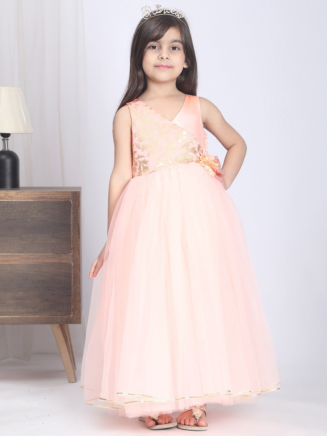 

Toy Balloon kids Girls Floral Printed V-Neck Applique Net Tulle Gown, Peach