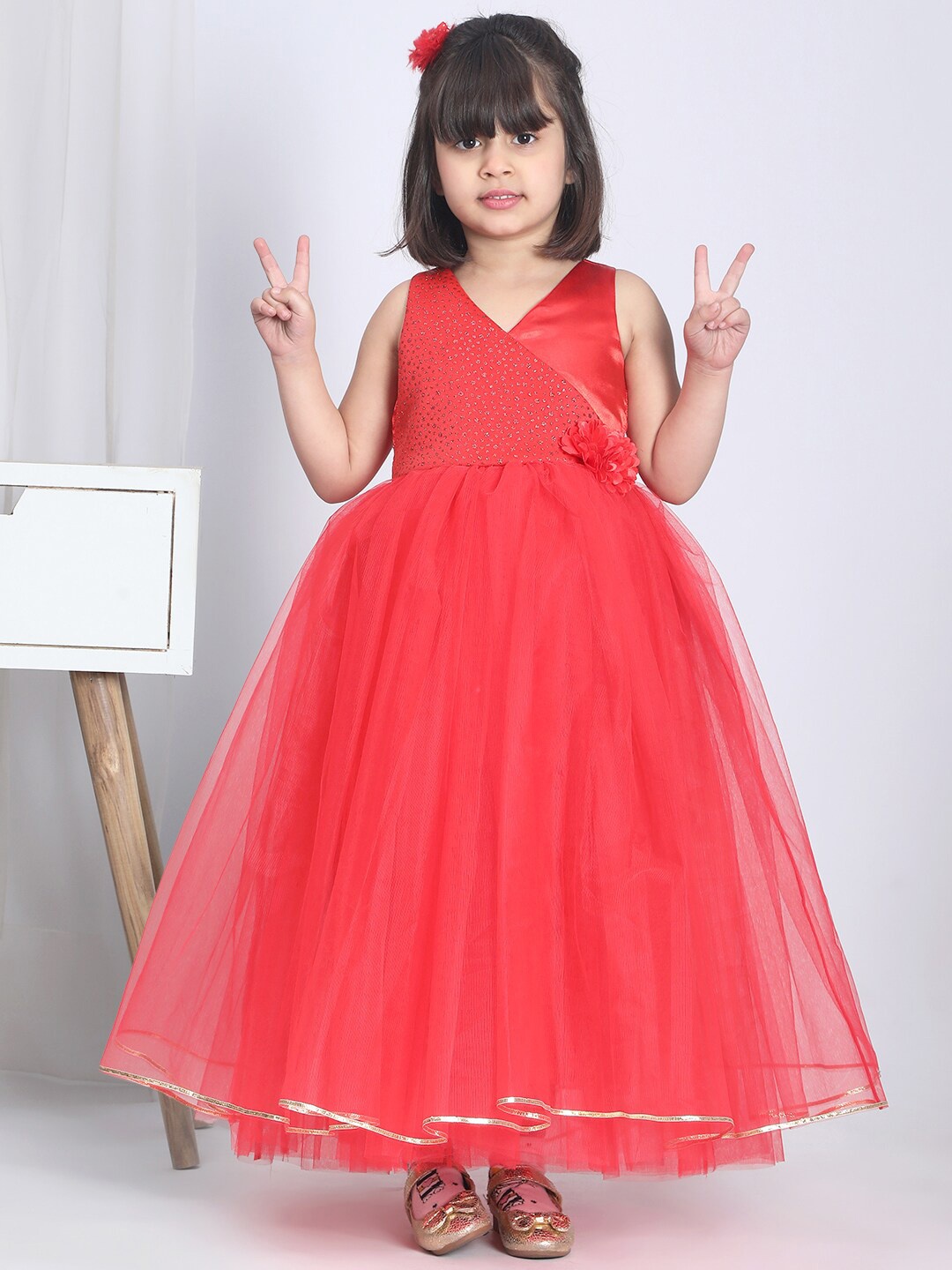 

Toy Balloon kids Girls Embellished V-Neck Applique Net Tulle Gown, Red