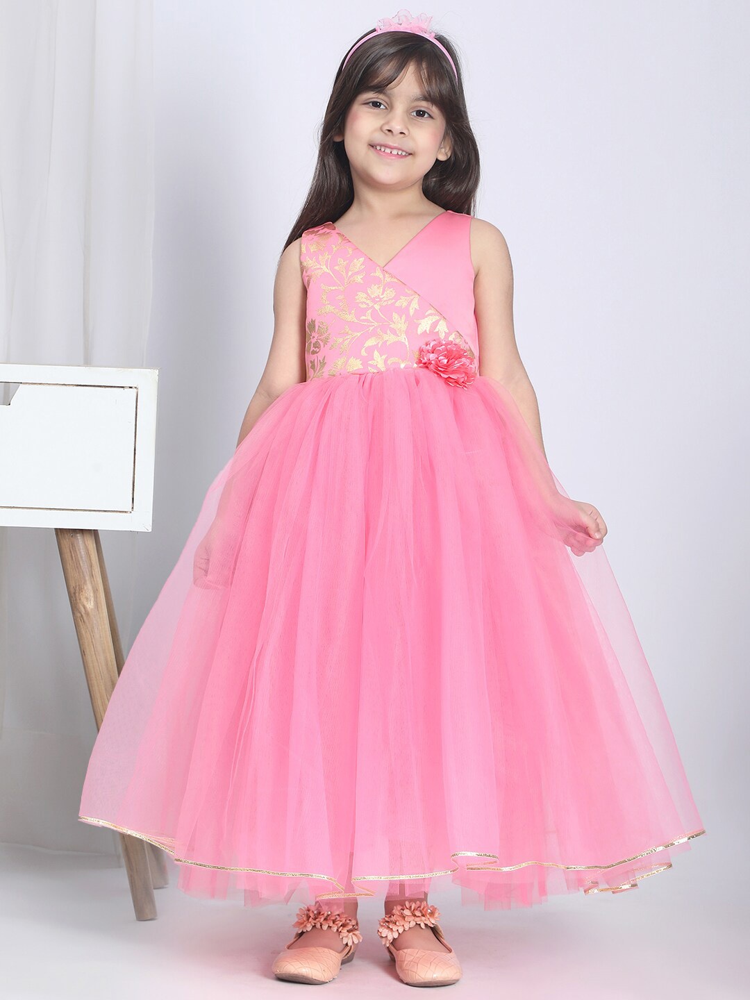 

Toy Balloon kids Girls Self Design V-Neck Applique Net Tulle Gown, Pink