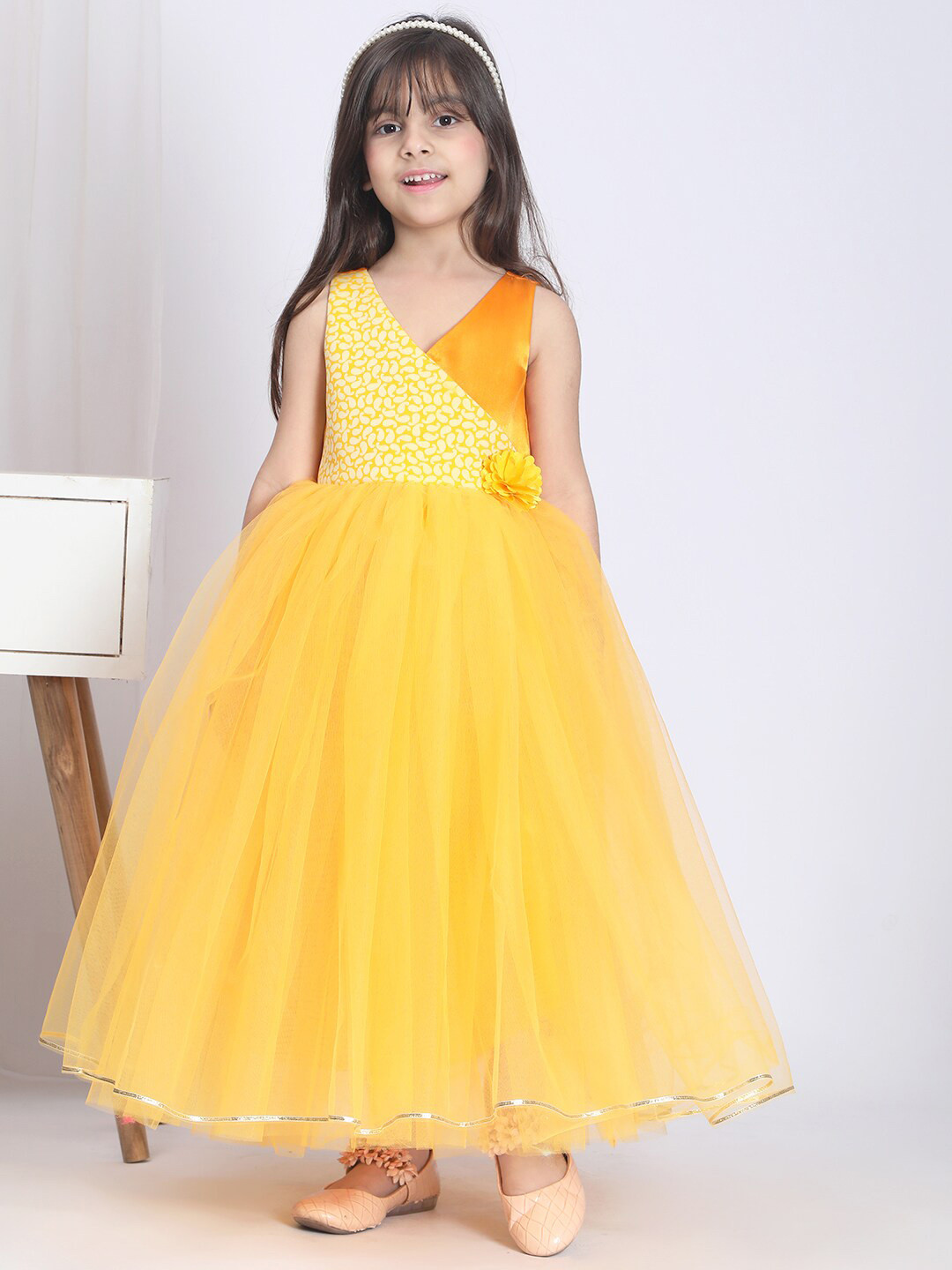 

Toy Balloon kids Girls Conversational Printed Net Fit and Flare Maxi Dress, Yellow