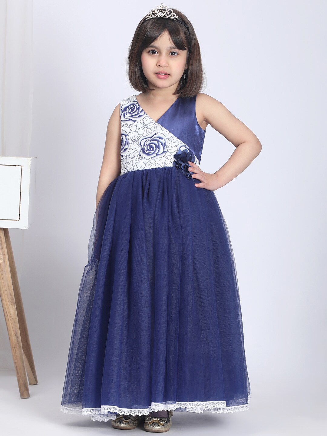 

Toy Balloon kids Girls Floral Printed V-Neck Applique Net Tulle Gown, Navy blue