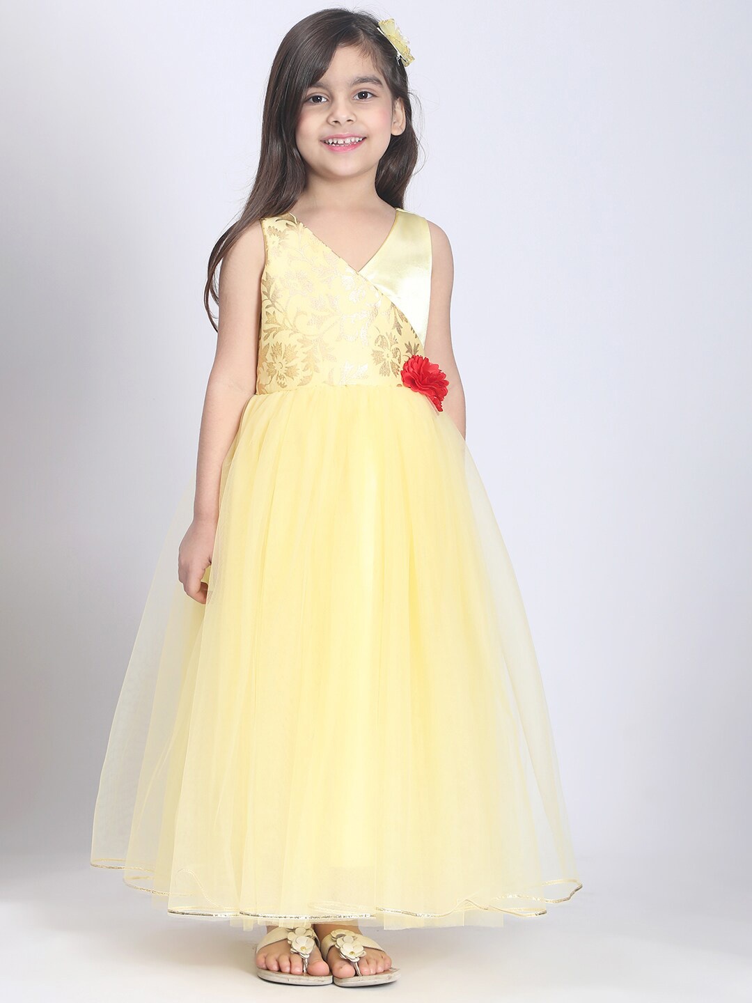 

Toy Balloon kids Girls Self Design V-Neck Applique Net Tulle Gown, Yellow