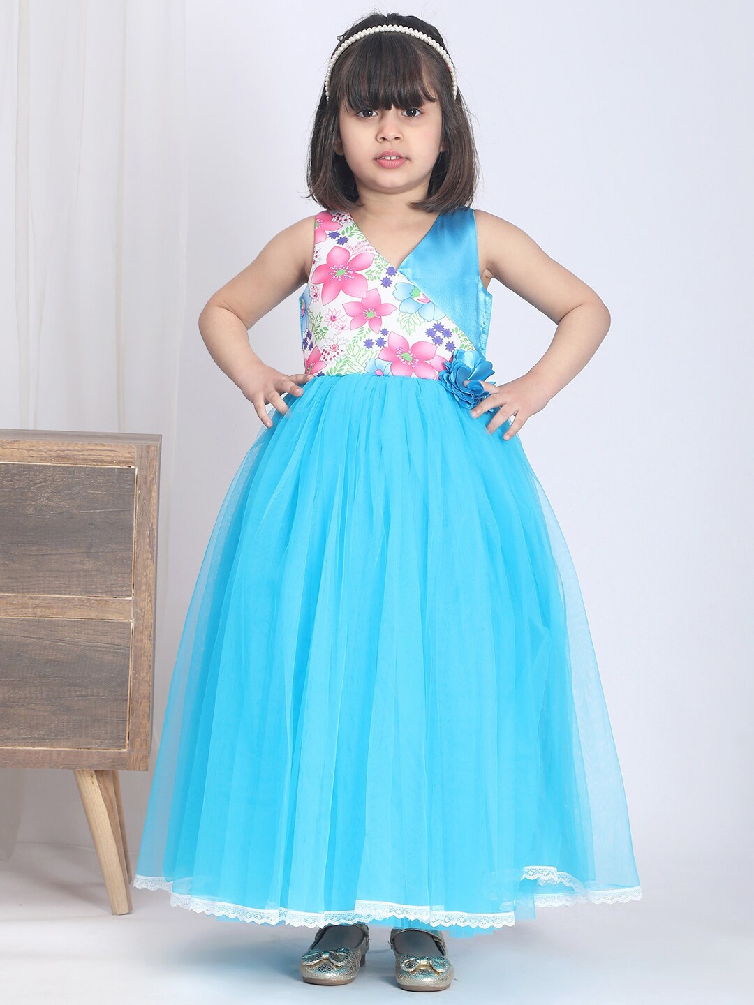 

Toy Balloon kids Girls Floral Printed Net Fit and Flare Maxi Dress, Blue