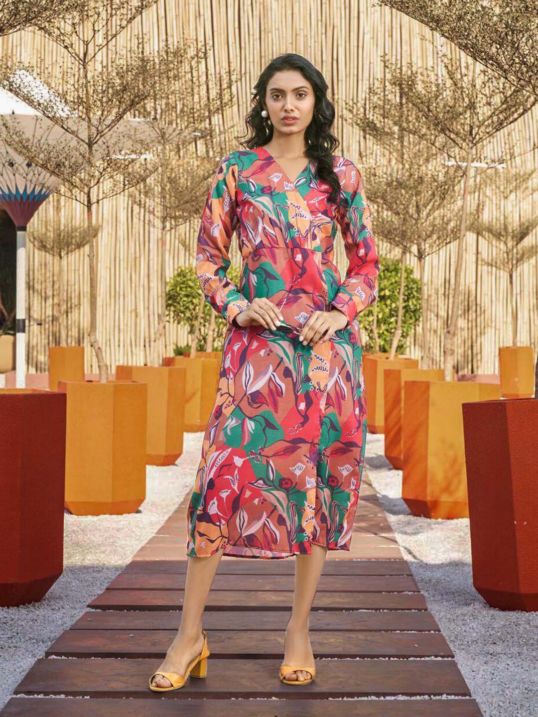 

Curvy Lane Floral Printed Pleated Cuffed Sleeves A-Line Dress, Orange