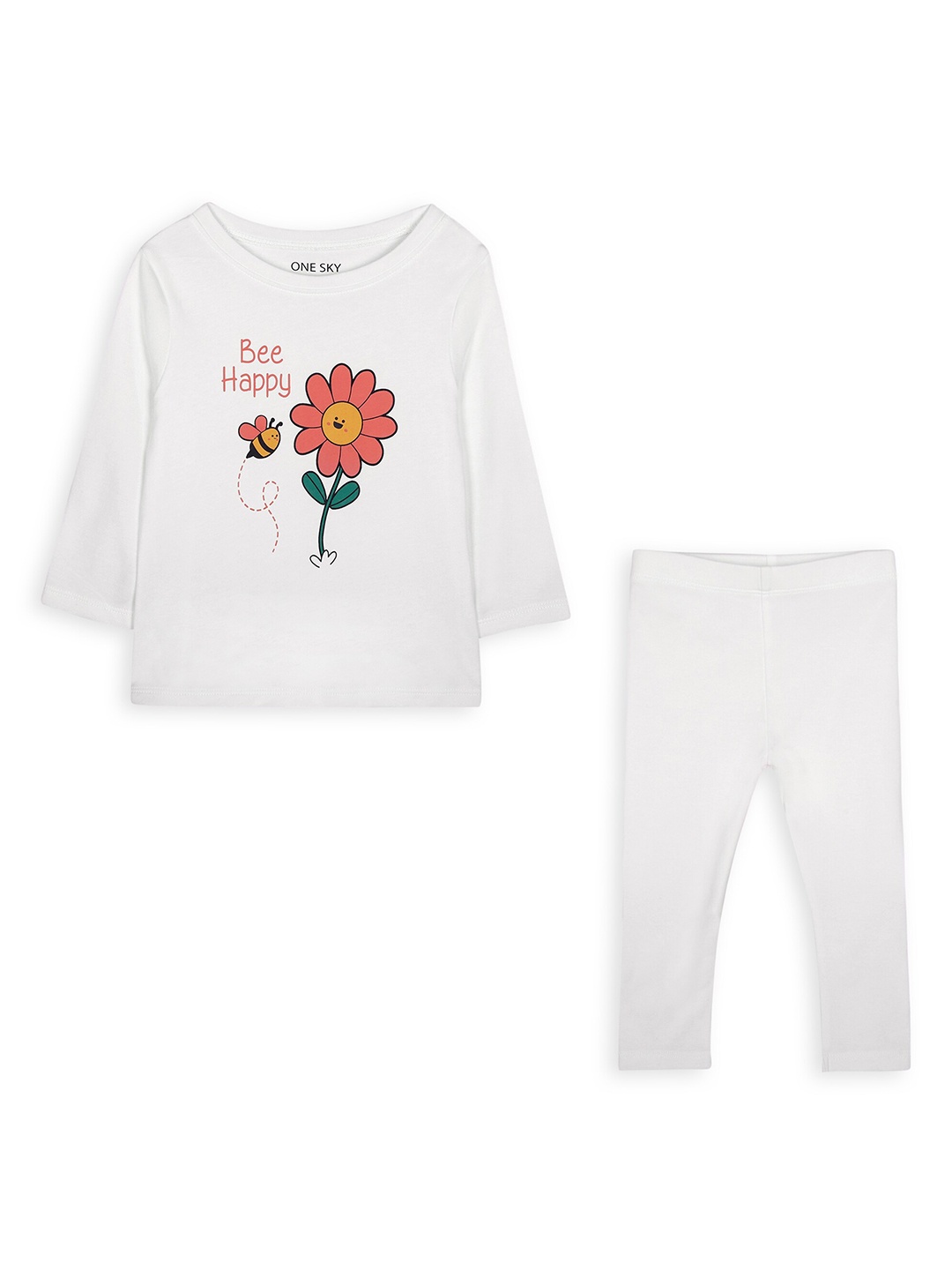 

ONE SKY Kids Graphic Printed Pure Cotton T-shirt With Trousers, White