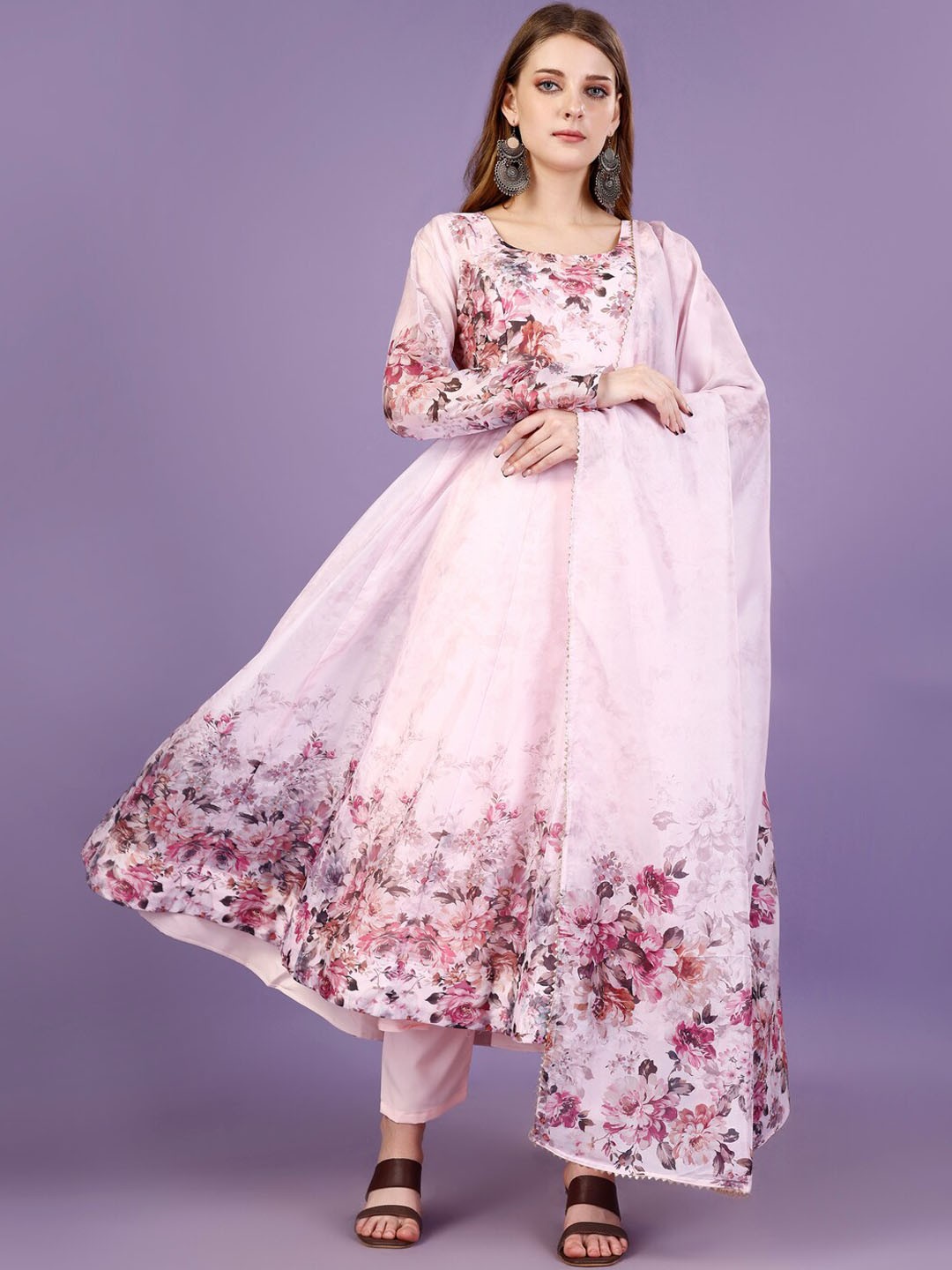 

Yara Creation Floral Printed Anarkali Kurta With Trousers & Dupatta, Pink