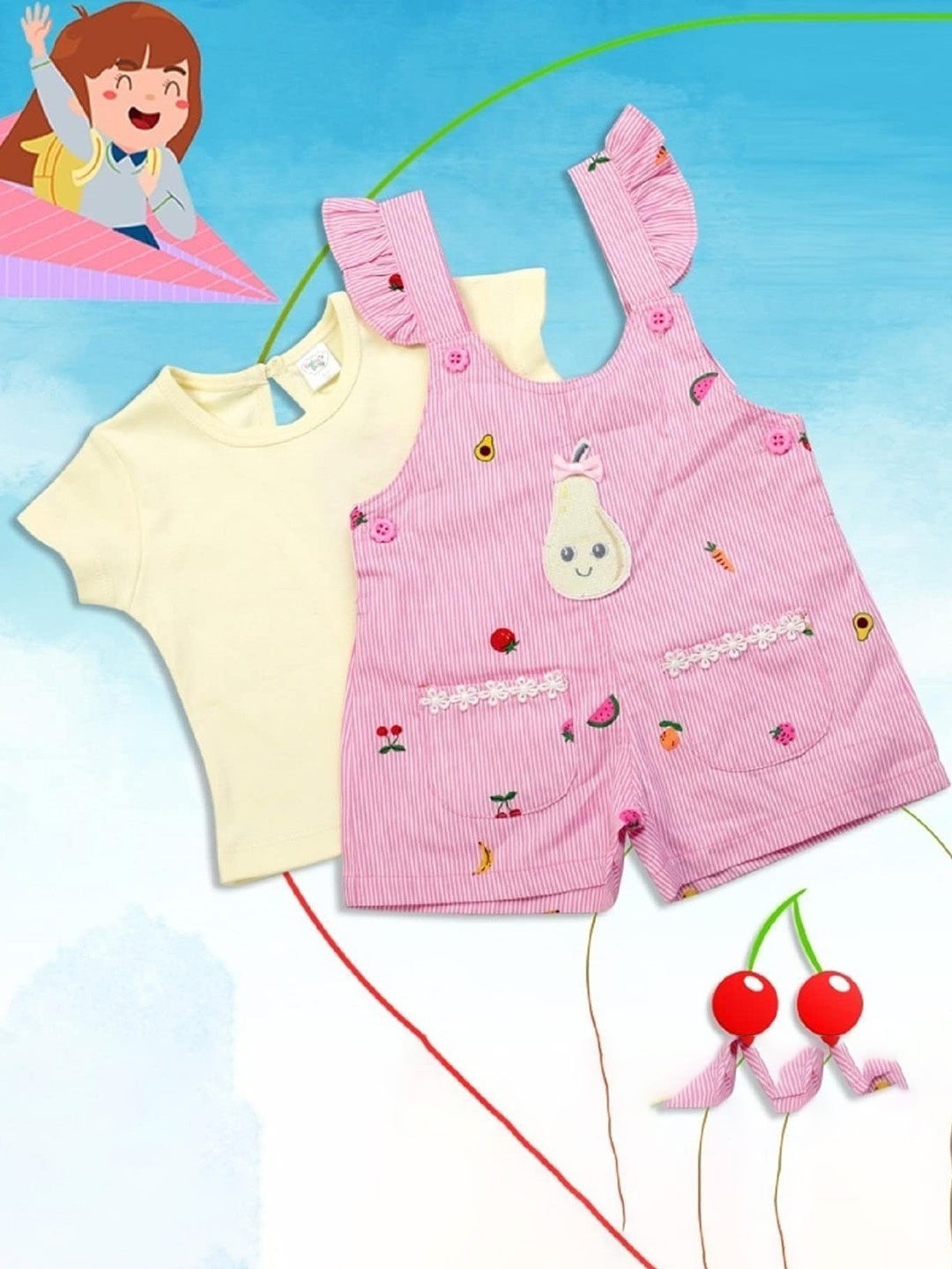 

Babys Day Infant Girls Printed Cotton Dungaree With T-Shirt, Yellow