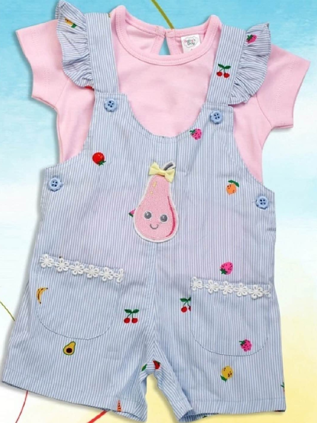 

Babys Day Infant Girls Printed Cotton Dungaree With T-Shirt, Pink