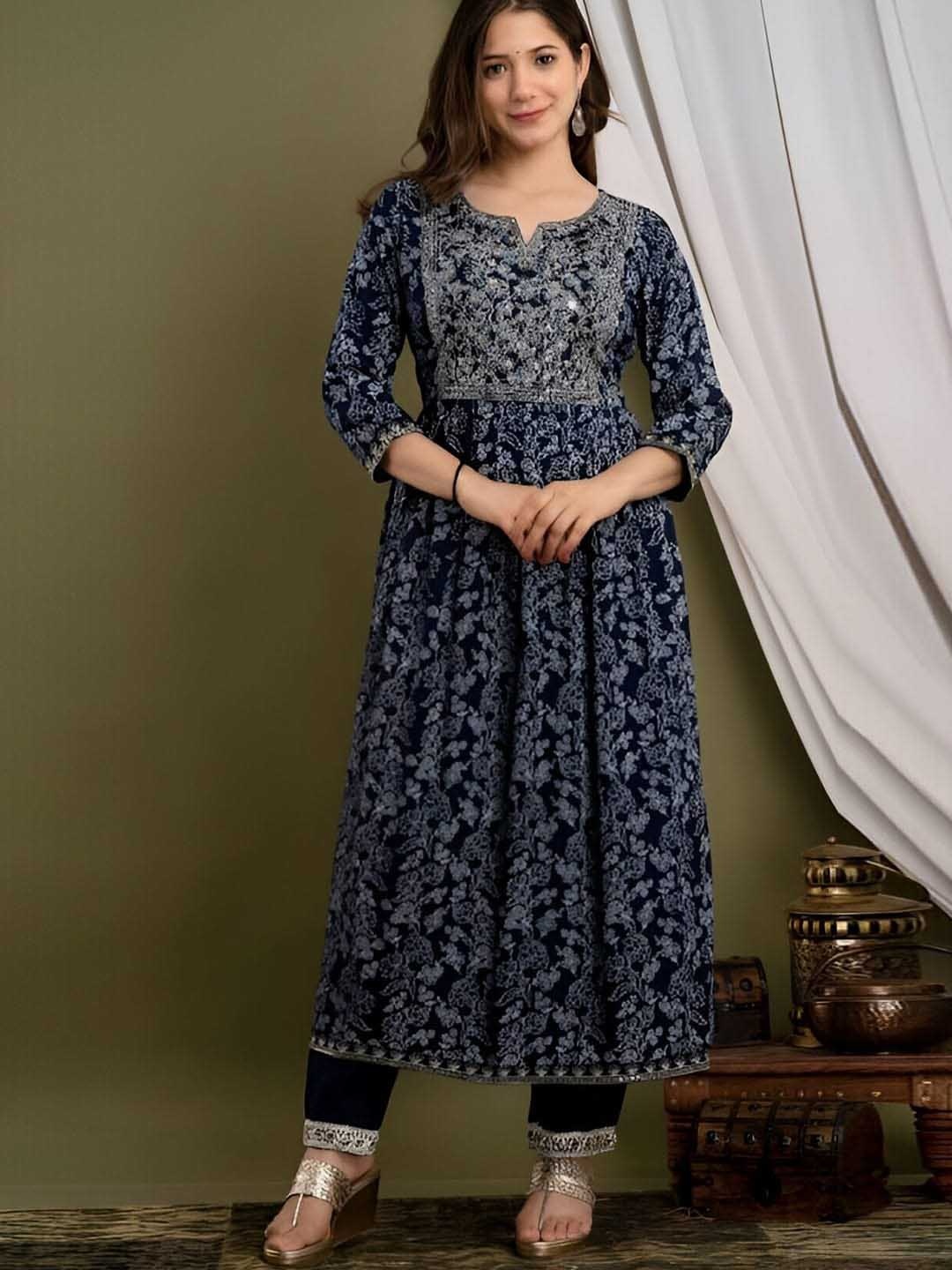 

BAESD Embroidered A-Line Kurta With Trouser, Navy blue