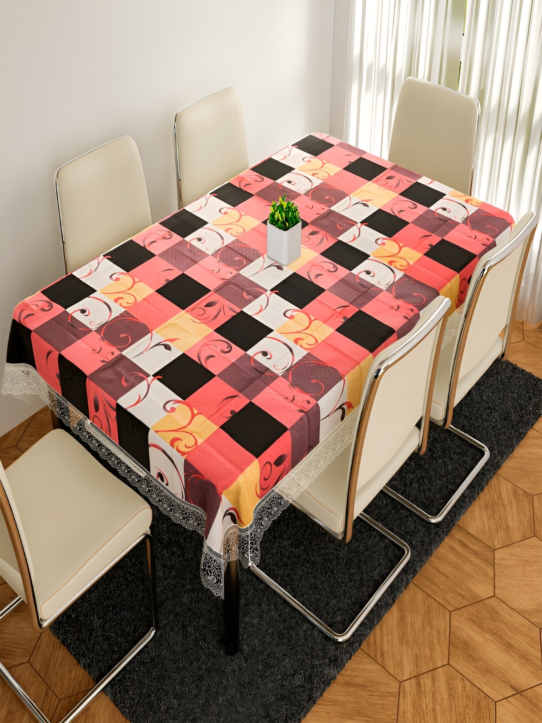 

Kuber Industries White & Pink Geometric Printed Anti-Skid 6-Seater Table Cover