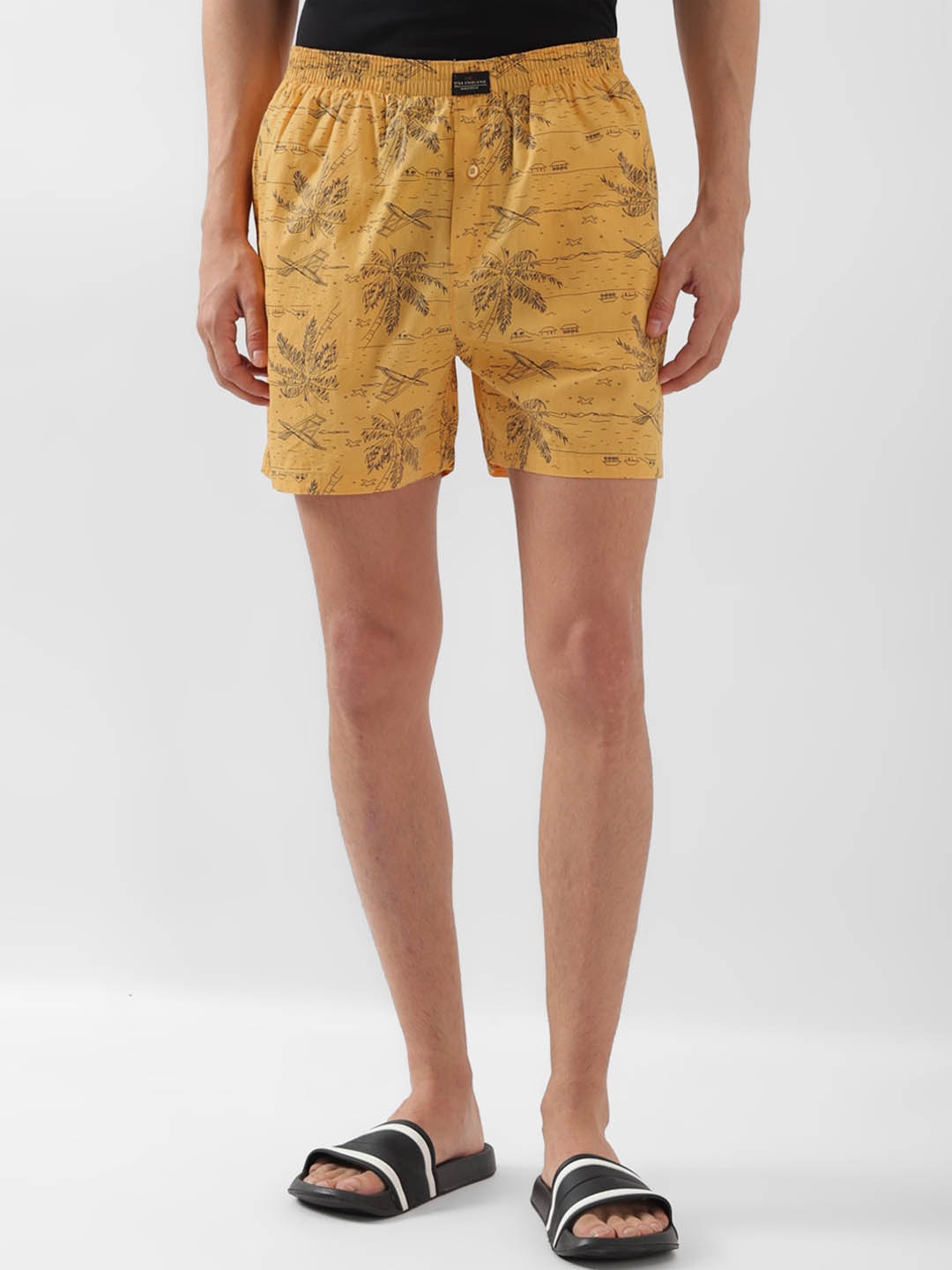 Peter England Men Floral Printed Pure Cotton Shorts, Yellow