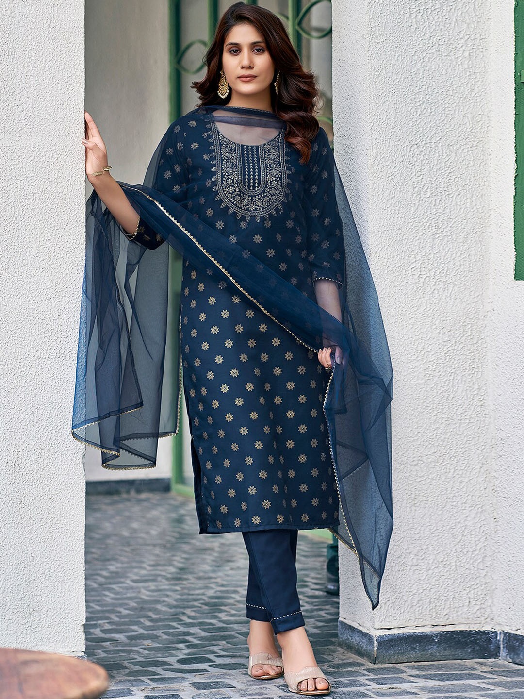 

SKYLEE Navy Blue Floral Printed Regular Sequinned Kurta with Trousers & Dupatta