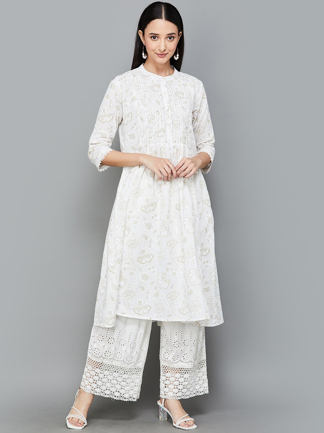 

Melange by Lifestyle Floral Printed Pure Cotton Mandarin Collar Kurta, Off white