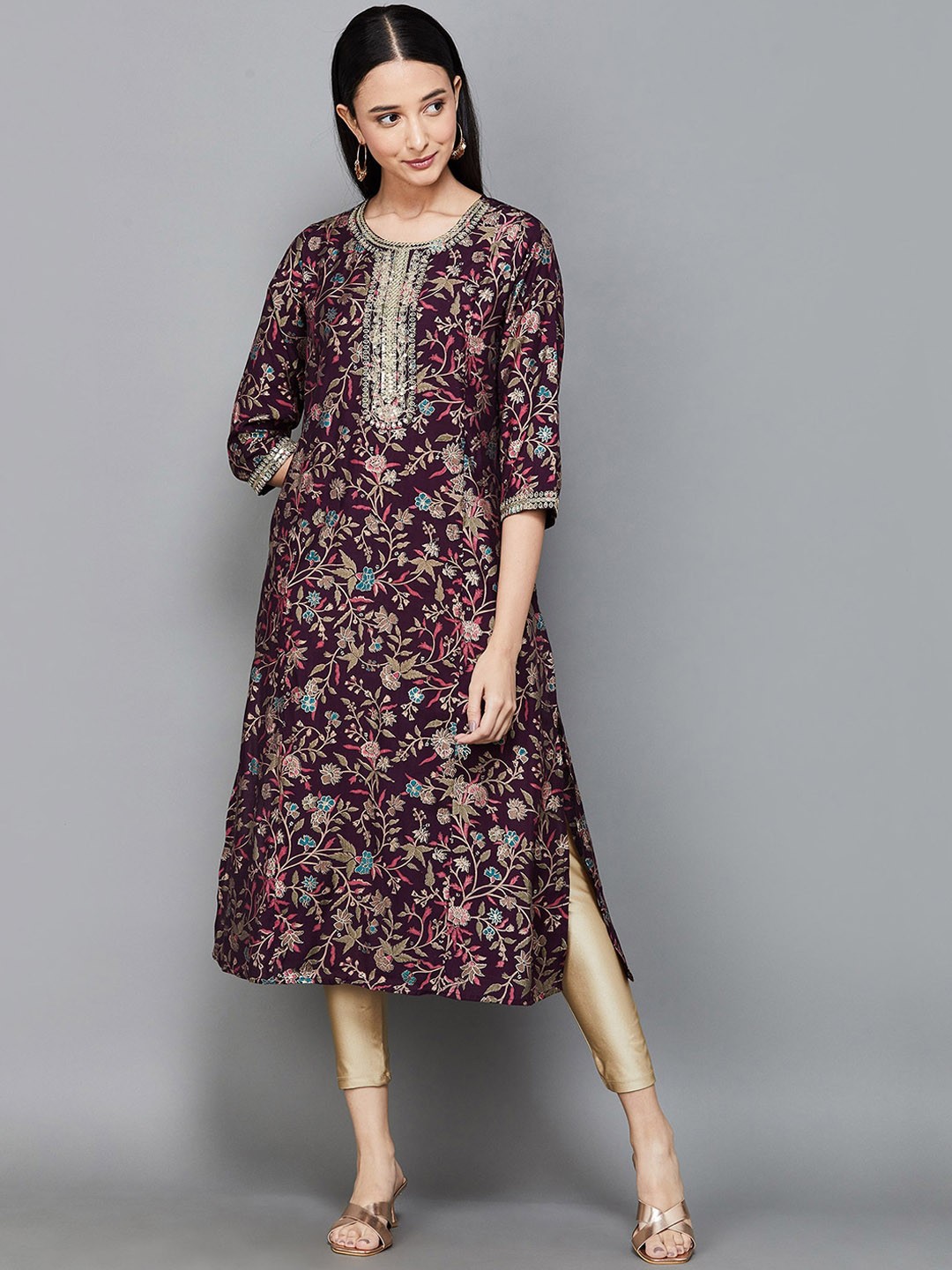 

Melange by Lifestyle Floral Printed Thread Work Straight Kurta, Purple