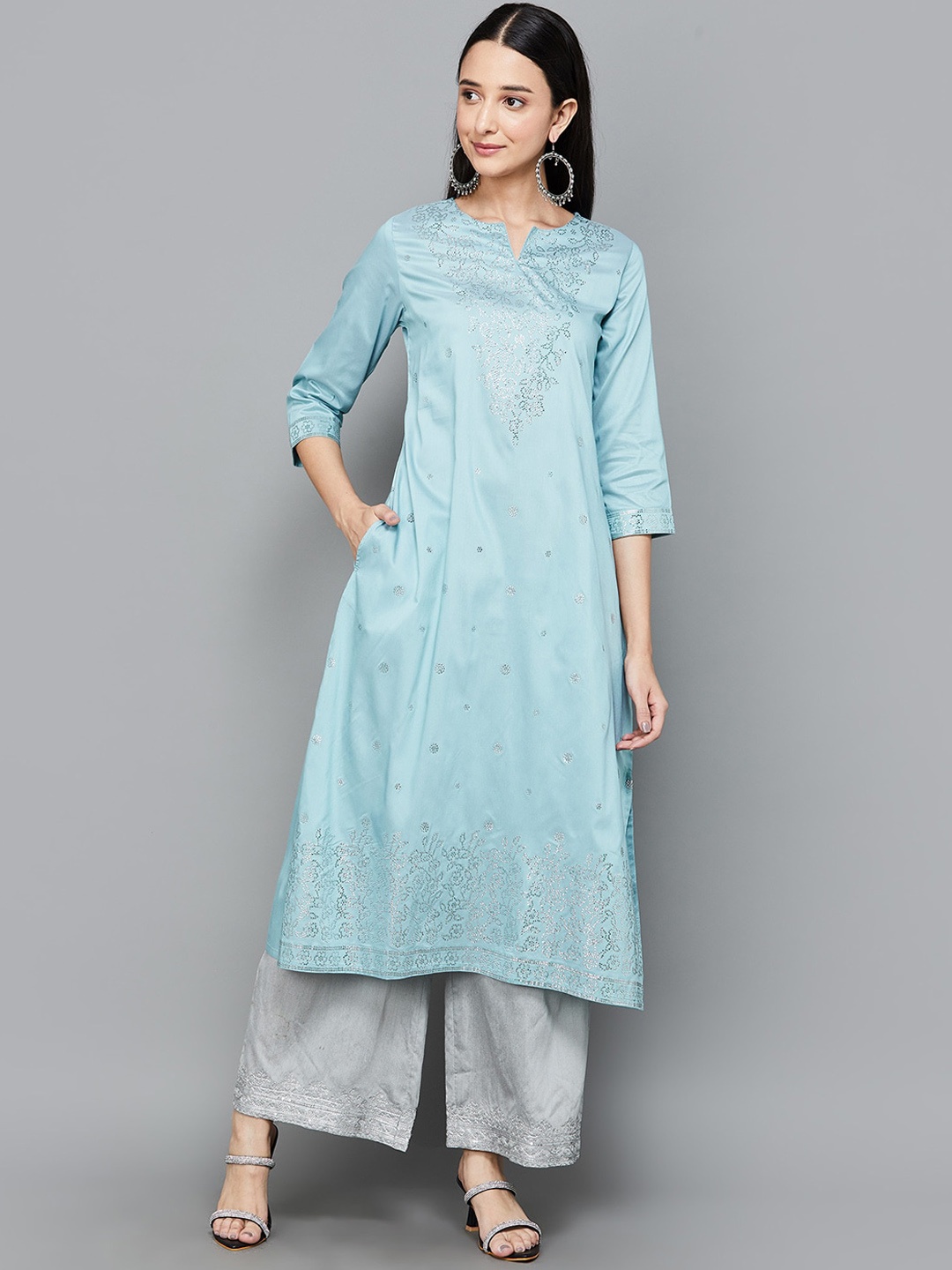 

Melange by Lifestyle Embroidered V-Neck Chikankari Kurta, Blue