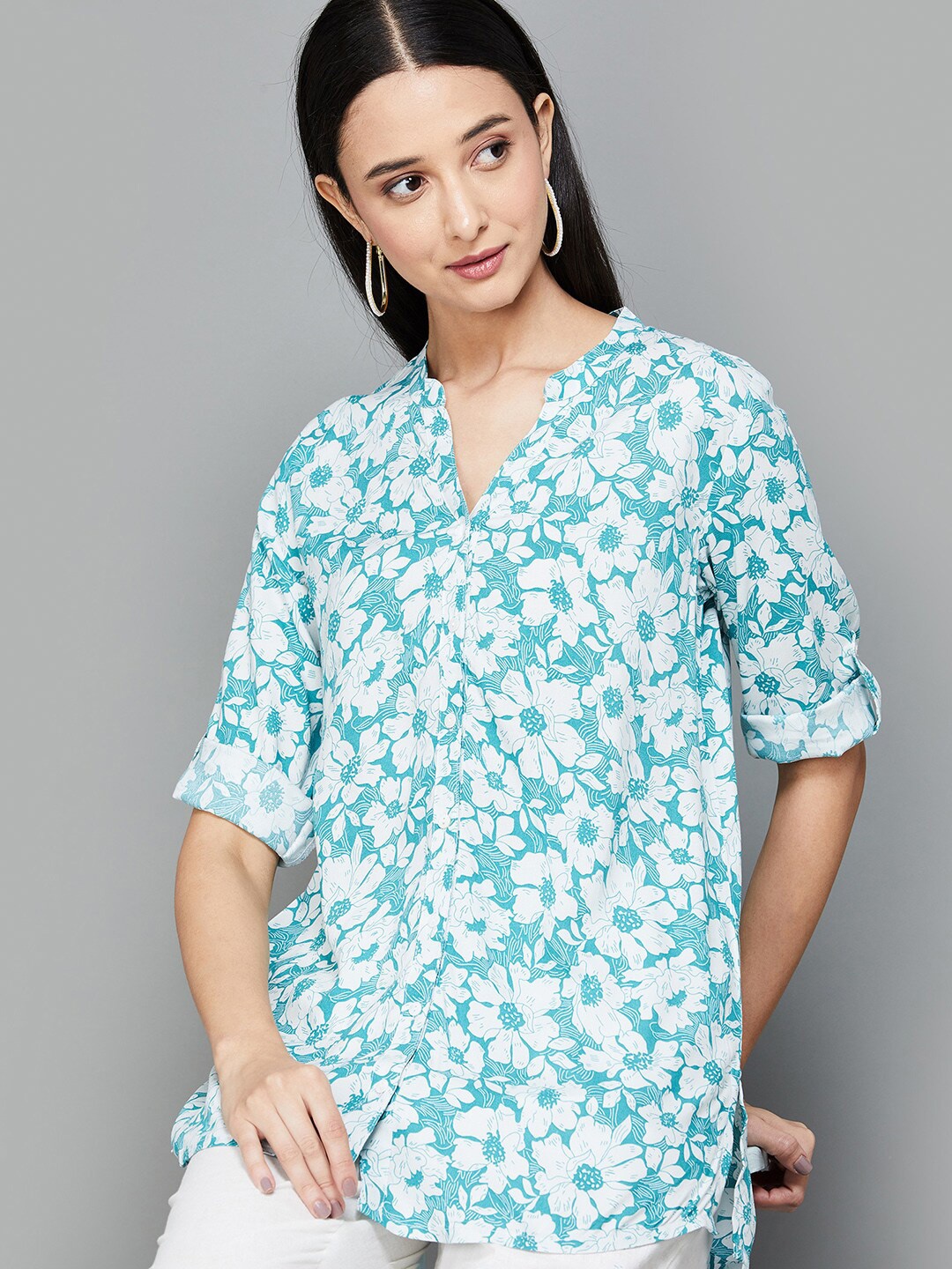 

Melange by Lifestyle Floral Printed Mandarin Collar Roll-Up Sleeves Straight Kurti, Blue