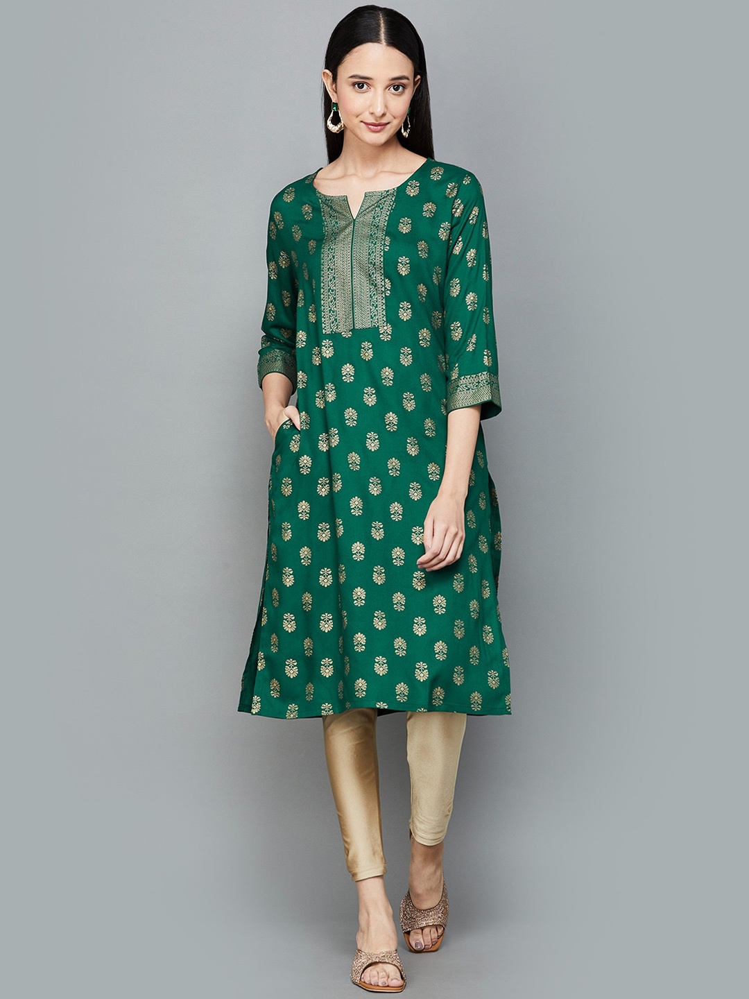 

Melange by Lifestyle Ethnic Motifs Woven Design Straight Kurta, Green