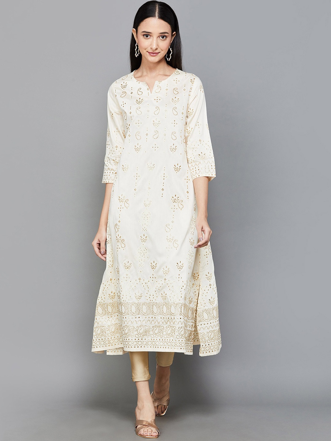 

Melange by Lifestyle Floral Printed Thread Work Kurta, Off white