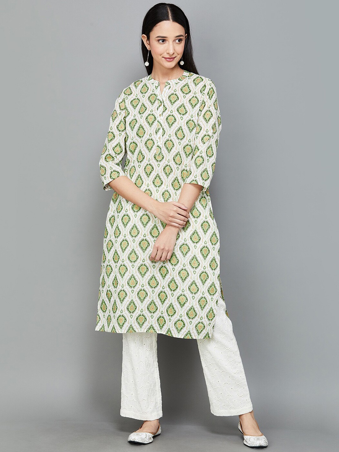 

Melange by Lifestyle Floral Printed Cotton Mandarin Collar Kurta, Off white