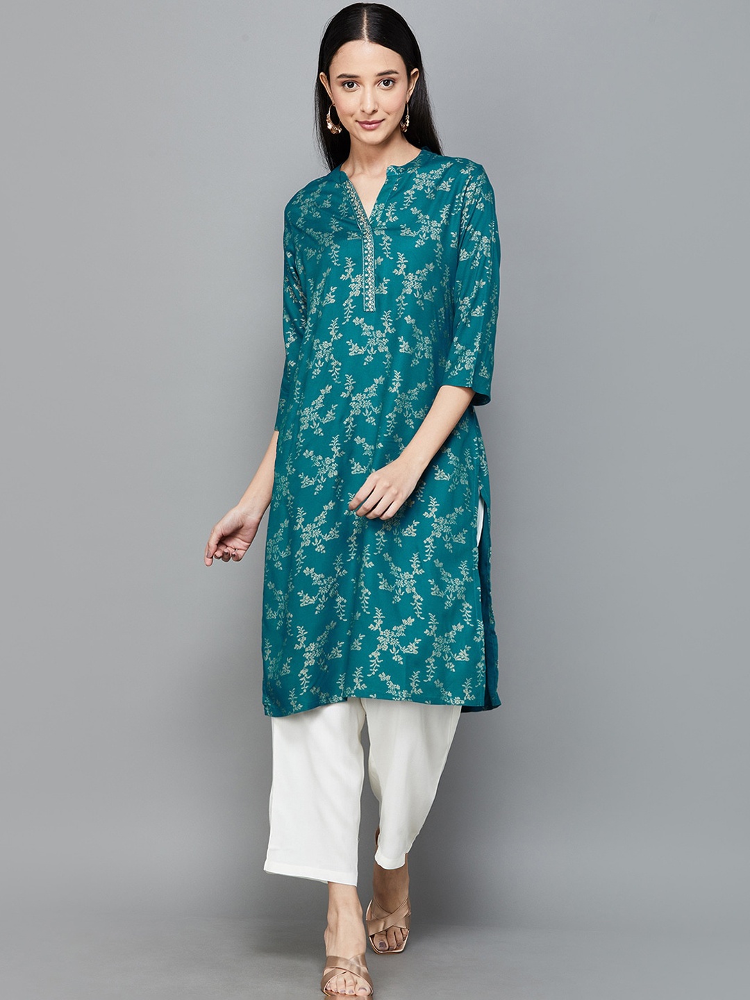 

Melange by Lifestyle Floral Printed Mandarin Collar Kurta, Teal