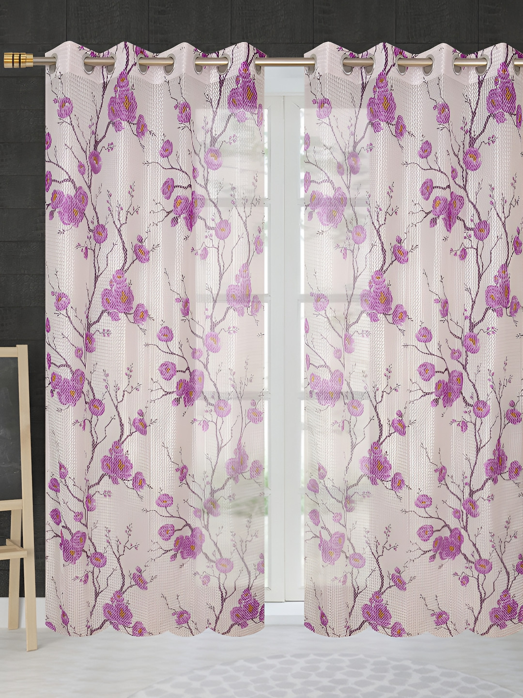 

Galaxy Home Decor Purple & White 2 Pcs Floral Room Darkening Window Curtain