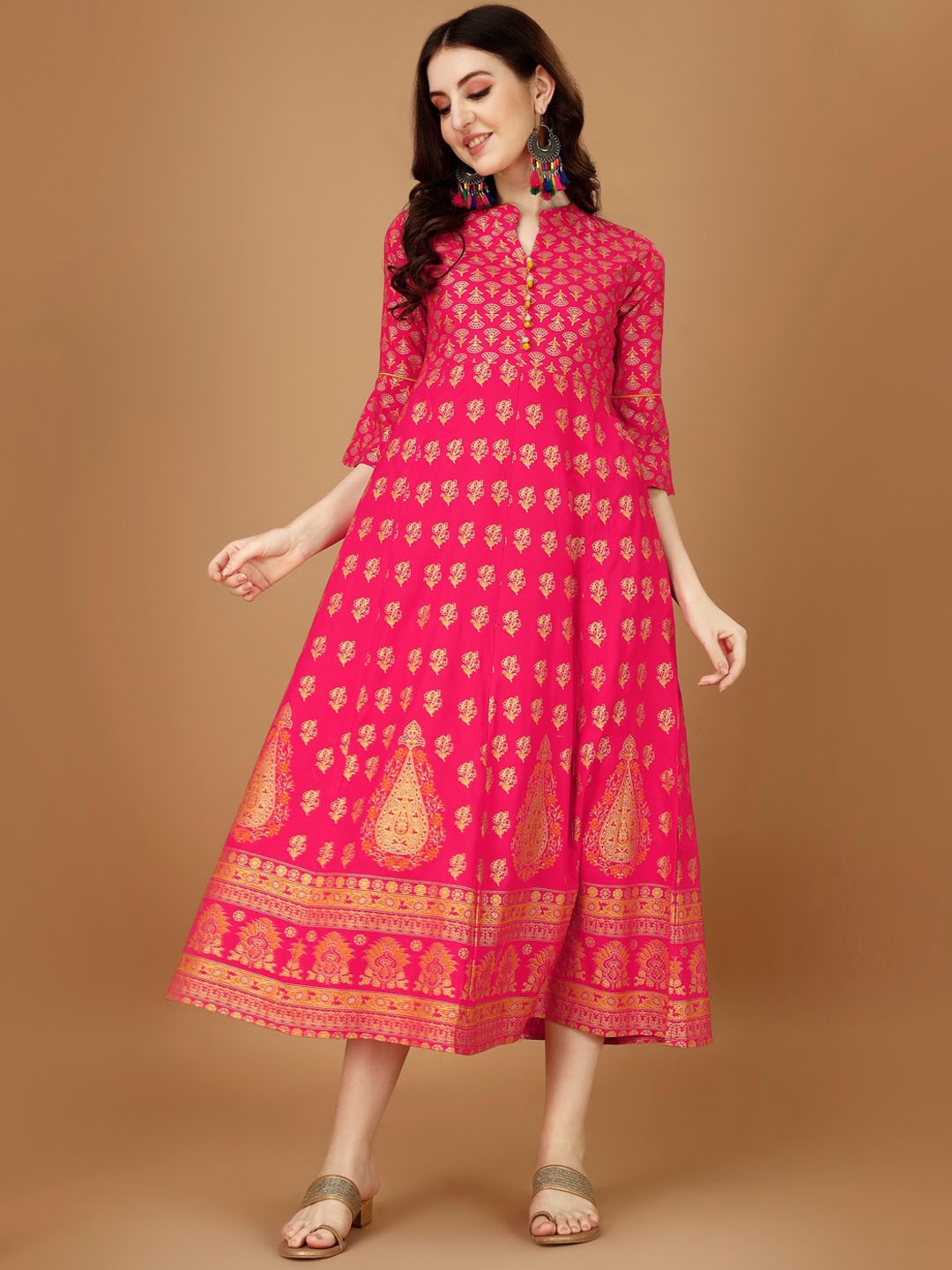 

KALINI Floral Printed Mandarin Collar A-Line Ethnic Dress, Fuchsia