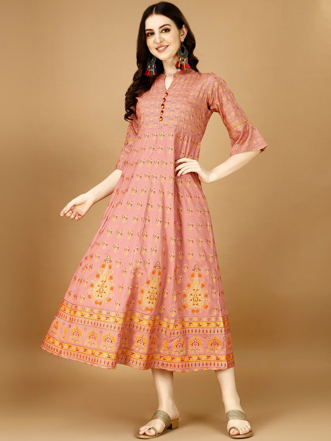 

KALINI Floral Printed Mandarin Collar A-Line Ethnic Dress, Peach