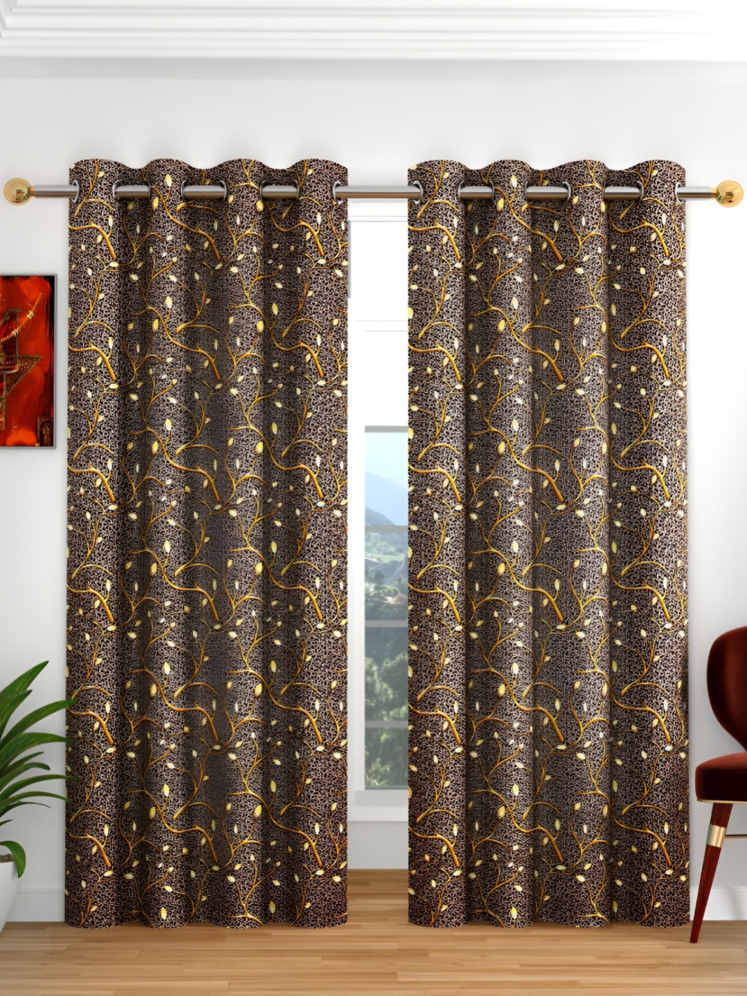 

Galaxy Home Decor Brown 2 Pieces Floral Room Darkening Window Curtains