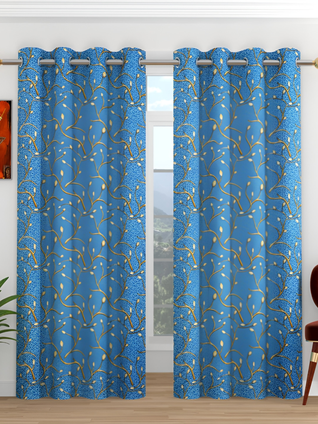 

Galaxy Home Decor Turquoise Blue 2 Pieces Floral Eyelet Room Darkening Long Door Curtain