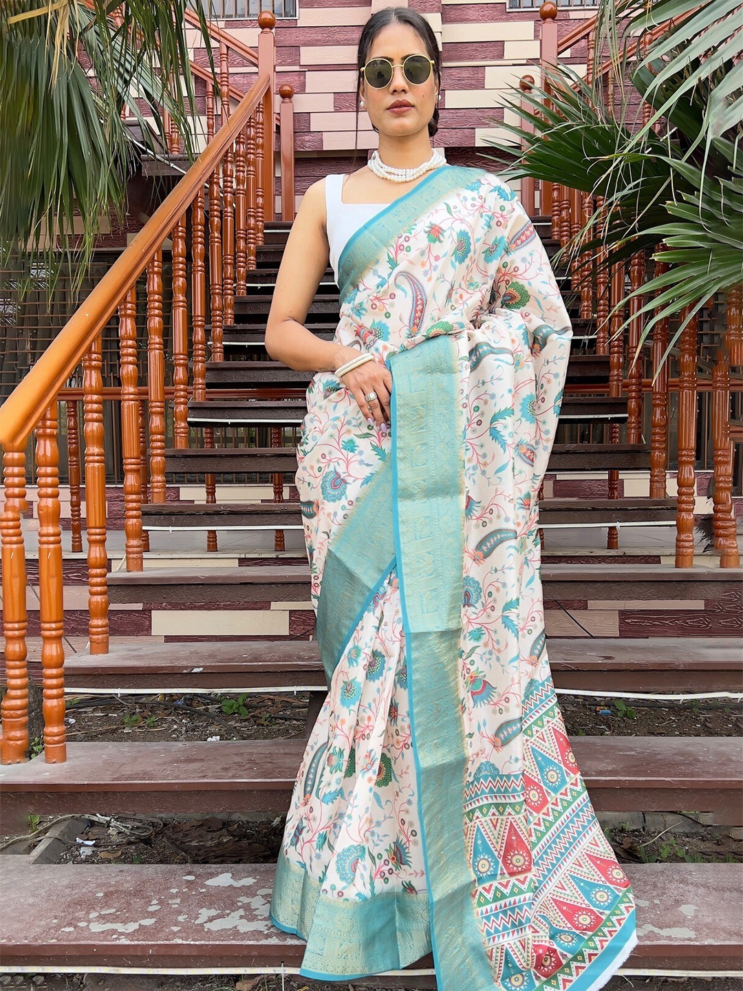 PHEASANT Paisley Printed Woven Design Jacquard Art Silk Saree, Blue