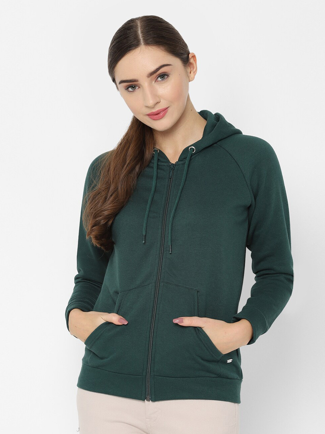 

Allen Solly Woman Hooded Front-Open Sweatshirt, Green