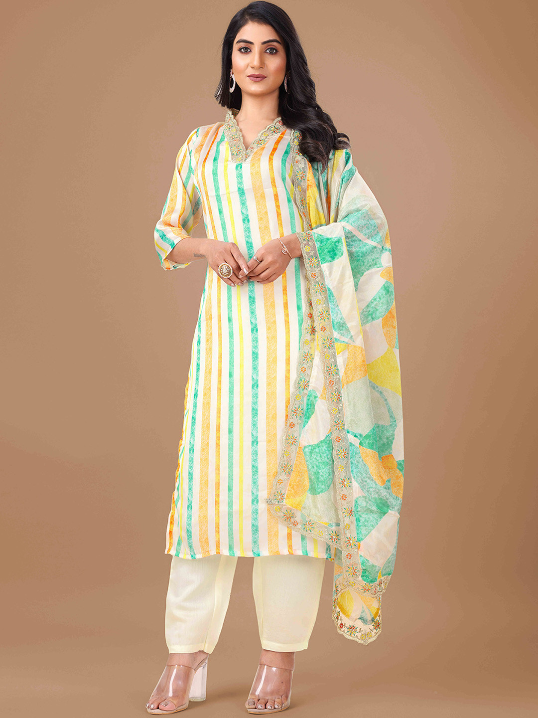 

Growdamy Striped Straight Kurta with Trousers & With Dupatta, Yellow