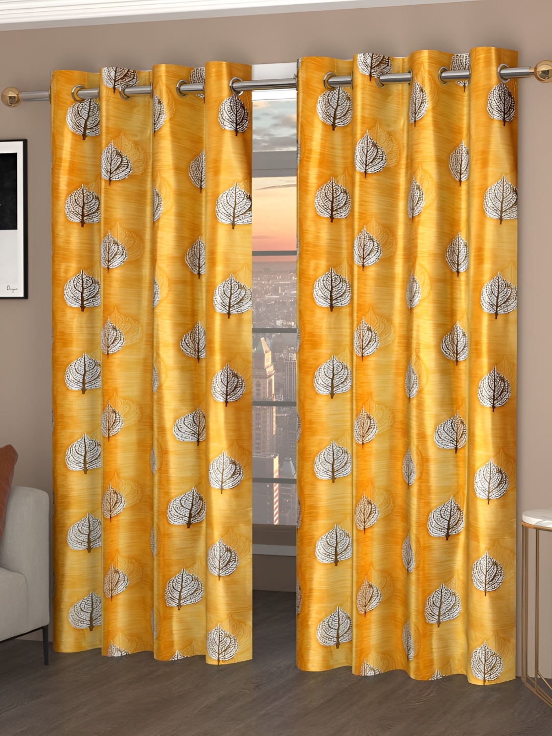 Galaxy Home Decor Gold-Toned & Grey 2 Pieces Floral Room Darkening Window Curtains