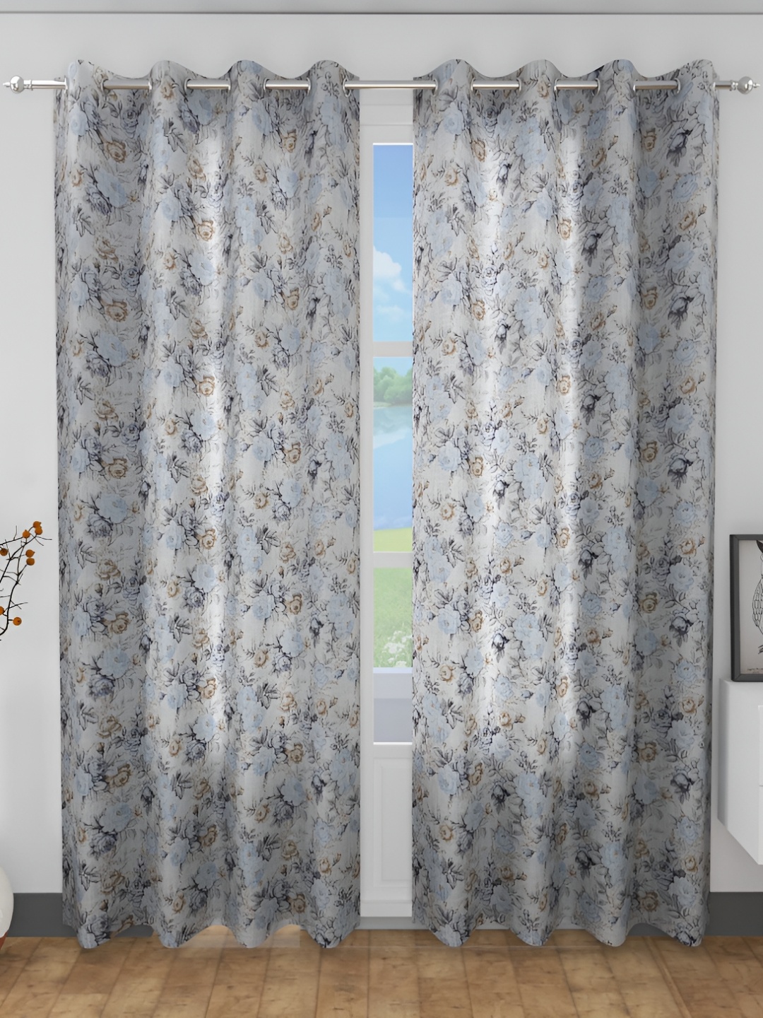 Galaxy Home Decor Grey Floral Room Darkening Long Door Curtain