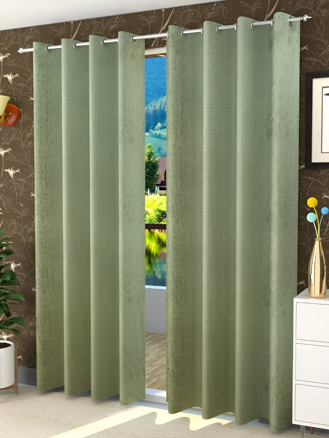 

Galaxy Home Decor Green Floral Room Darkening Long Door Curtain