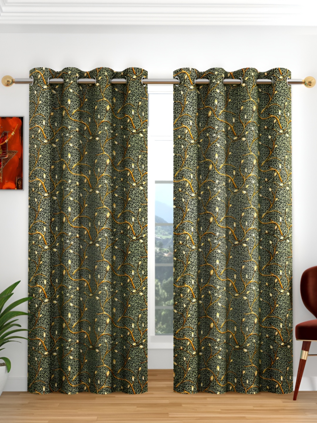 

Galaxy Home Decor Green 3Pcs Floral Room Darkening Long Door Curtains