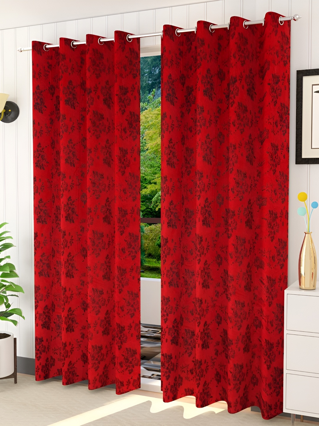 

Galaxy Home Decor Maroon 2 Pcs Floral Room Darkening Long Door Curtain