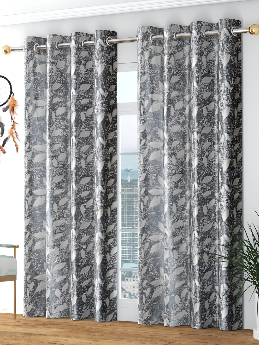 

Galaxy Home Decor Grey 2 Pcs Floral Room Darkening Window Curtains