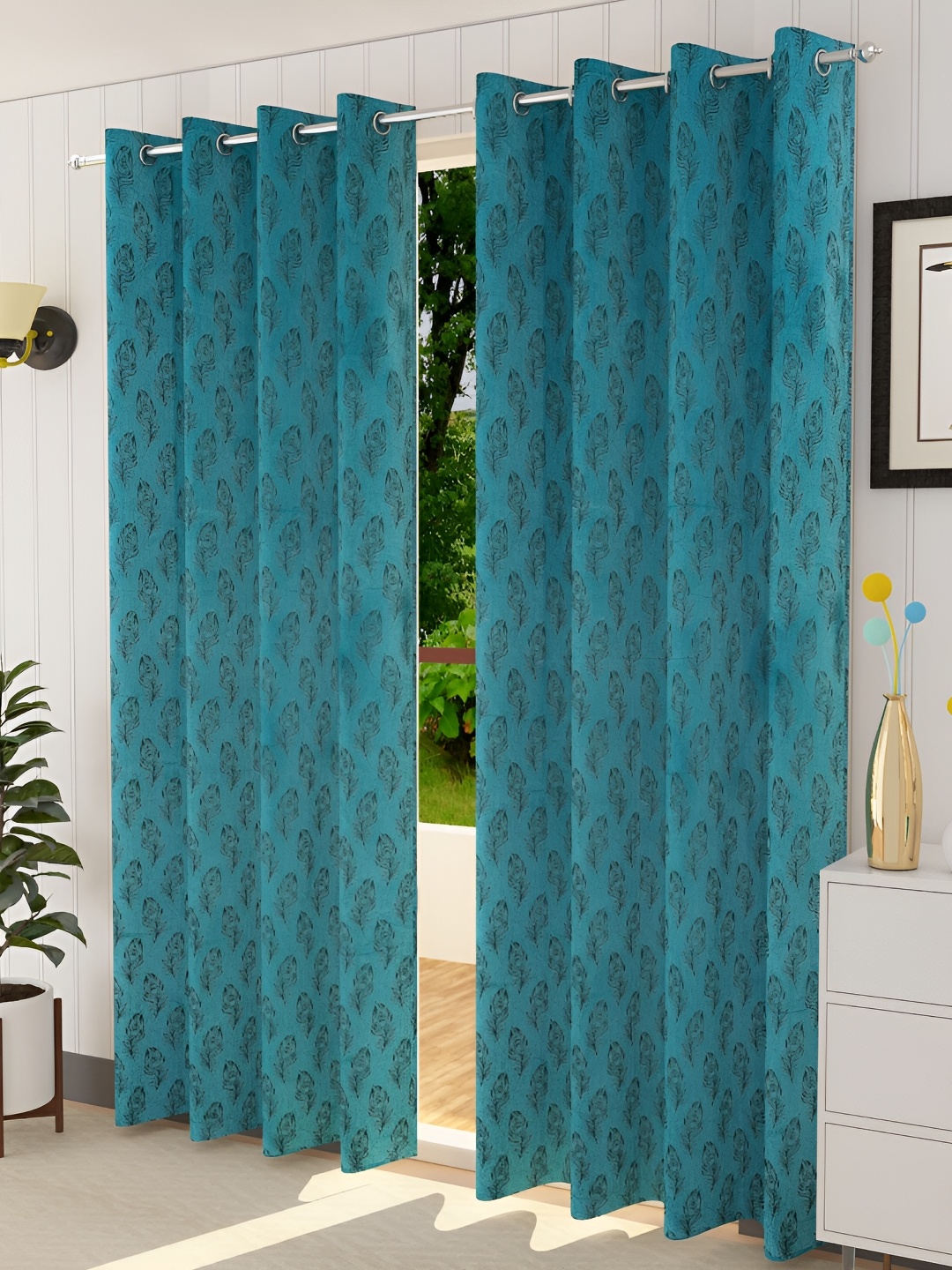 

Galaxy Home Decor Turquoise Blue Floral Room Darkening Long Door Curtain